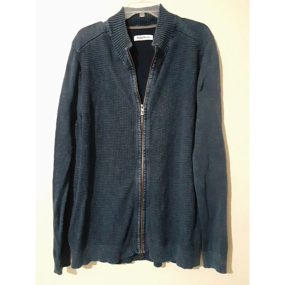 Tommy Bahama Men's Knit Ribbed Jacket Sweater Zip Up Cotton Blue Size  XL TG